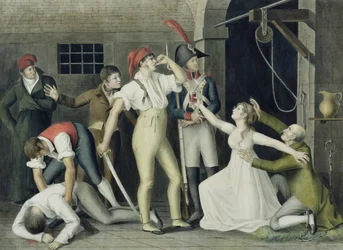 Madamemoiselle de Sombreuils barnsliga och heroiska hängivenhet i september 1792, ca 1800 (penna och bläck, wc och gouache på papper)