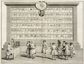 Frimurarna, med tecken för de olika logerna, ur Religionens och sedens ceremonier, cirka 1733