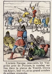 Den franska armén mötte visigoterna nära Poitiers, striden ägde rum på slätten Vouille. Clovis dödade Alarik, deras kung, och ett stort antal västgotiska soldater, år 507.