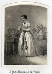Den franska flickan läser för sina klasskamrater. Anonym gravyr från 1800-talet