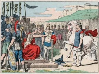 Den galliske ledaren Vercingetorix (80-46 f.Kr.) går till Julius Caesar (100-44 f.Kr.) vid Alesia år 52 f.Kr. - Vercingetorix (72-46 f.Kr.), gallisk ledare, kapitulerar inför Caesar vid Alesia (Frankrike) - Gravyr från slutet av 1800-talet i "Vår