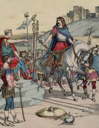 Den galliske hövdingen Vercingetorix (72-46 f.Kr.) kapitulerar inför den romerske härföraren Julius Caesar (100-44 f.Kr.) efter slaget vid Alesia år 52 f.Kr.