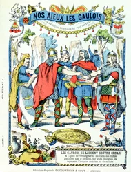 De galliska ledarna i förbund mot Julius Caesar (100-44 f.Kr.), ledda av Vercingetorix (död 46 f.Kr.), från ett skyddsomslag för skolböcker, sent 1800-tal