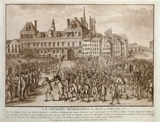 Cheferna för Launay och Flesselles promenerade framför Hotel de Ville, 14 juli 1789