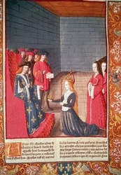 Den heliga romerska kejsarinnan Richilde av Provence i Compiegne överlämnade till Ludvig Stammeraren kronan och spiran som hade tillhört hans far Karl II "den skallige", från "Chroniques de France", tryckt av A. Verard