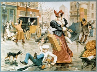 Isscen de rue i Paris under vintern, en kontorist glider på golvplattan på grund av isen, samt en häst som drar en vagn, 1900-tal (kromolitografi)