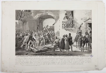 Invånarna deponerar Grenobles portar vid kejsarens fötter, 6 mars 1815, utgiven av Martinet, 1815