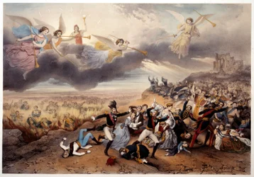 Guds dom Apokalypsens änglar blåser i trumpeterna och tillkännager den sista domen innan monarkerna och andra huvudpersoner i fransk historia, Napoleon I och representanter för den gamla regimen brinner i helvetets lågor. Illustration gjord
