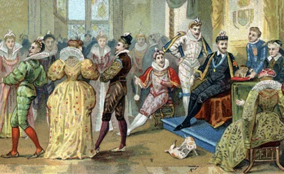 Kungen av Frankrike Henry III (1551-1589) omger sina sötnosar. Kromolitografi från slutet av 1800-talet