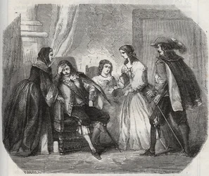 Kungen av Frankrike Ludvig XIII (1601-1643) fångas med migrän när han talar med drottning Anne av Österrike (1601-1666). Gravyr från 1871 i "Histoire Des Cocus Celebres"" av Henry de Kock (1819-1892).