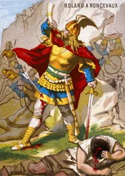 Riddaren Roland låter olifanten ljuda i Roncevaux. Roland, som ledde Karl den stores armés eftertrupp, överraskades av baskerna den 15 augusti 778. Han blåste då i sitt horn, för sent för att kungen skulle kunna hjälpa honom. Kromolitografi ur serien Pa