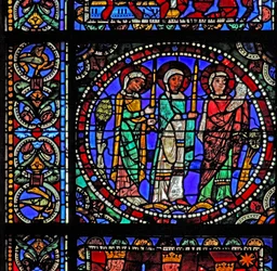 The Life of Christ-fönstret: Tre helgon närvarar vid presentationen i templet (med nästa panel) (w50)