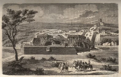 Maskinen i Marly - Vy över maskinen till akvedukten av Marly installerad i Bougival - Akvedukten i Louveciennes (eller Marly) för Versailles och slottet Marly i vatten - gravering i "Histoire de France" av Victor Duruy (1811-1894) ) - 1882