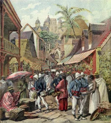 Madagaskarexpeditionen, franska soldater på en gata i Tananarive, från Le Petit Journal, 27 oktober 1895