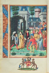 Den magiska trädgården, med allegoriska figurer av artighet, kärlek, skönhet och frihet, från Roman de la Rose (gouache på pergament)