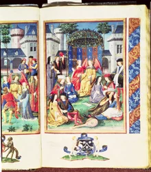 Den magiska trädgården, med allegoriska figurer av rikedom, artighet, frihet, skönhet, kärlek, uppriktighet och ungdom, från Roman de la Rose (gouache på pergament)