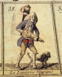 Magic Lantern Device används för ljusprojektioner. Detalj av ett spel med gåsen av gråten och gamla metier i Paris. 1700-tals privatsamling