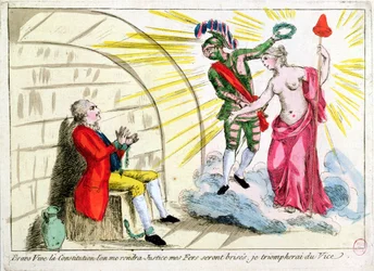 Mannen i järnmasken befriad av revolutionen, allegorisk skildring av den franska konstitutionen (färgstick)