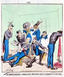 Maréchaussée Versailles får veta att hon vann segern... Tecknad om Pariskommunen, cirka 1870.