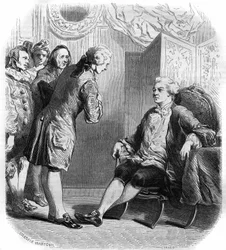 Markisen de Puysieulx tar emot Philippe Nericault Destouches (1680-1754) och hans trupp resande komiker. Gravyr från 1858-1859.