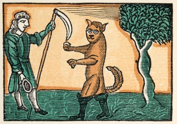 Master Cat eller Puss in Boots från Historier eller berättelser om tidigare tider berättade av Mother Goose, With Morals, av M Perrault, pub. 1925 (handfärgat träblockstryck)