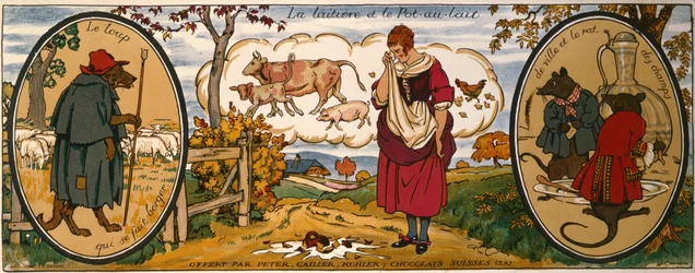 Mjölkflickan och mjölkkannan, ur "Fabler" av Jean de La Fontaine (1621-95), visitkort för "Peter, Cailler, Kohler" schweizisk choklad (färglitografi)