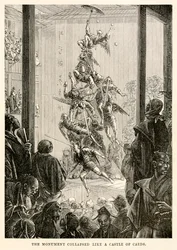 Monumentet kollapsade som ett kortslott, från "Jorden runt på åttio dagar" av Jules Verne (1828-1905)