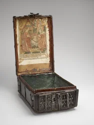 The Nativity, in Coffer, c.1490 (träsnitt i svart handfärgat med pensel, stencil och akvarell på elfenbenspåverkat papper monterat på insidan av en kassakista, konstruerad av trä, järn, läder, tagel och linne)