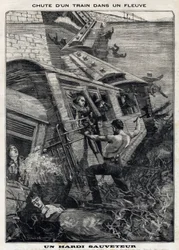 New York Buffalo-tåget faller i en flod i USA: en man försöker rädda passagerare som riskerar att drunkna. I "" Le Peute Parisien"" den 7/11/1897. Privat samling