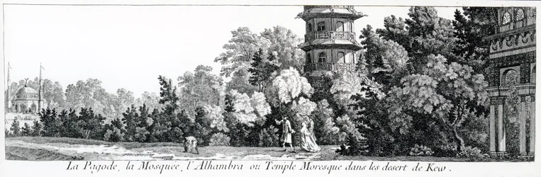 Pagoden, moskén och Alhambra eller det moriska templet i Kew, ur Fashionabla anglo-kinesiska trädgårdar av George Louis Le Rouge, utgiven 1775-78