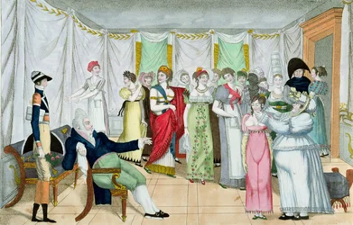 Den parisiske sultanen, eller ett urval av prostituerade, tidigt 1800-tal (handfärgad etsning)