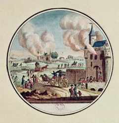 Plundringen och förstörelsen av slotten och emigrationen av prinsar och hovmän i juli 1789 (färgstick)