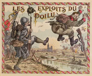 Poilus Achievements, driver tysken bortom Rhen, omslag till ett brädspel, ca 1914-15