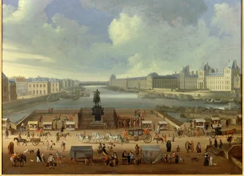 Pont Neuf sedd från ingången till Place Dauphine, Quai Malaquais, De fyra nationernas kollegium, Stora galleriet och Louvren. Anonym målning