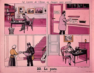 "The Post", serie bilder som illustrerar olika postbilder från en fransk lärobok, utgiven av Fernand Nathan, före 1914 (färglitografi).