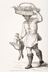 Fjäderfähandlaren, efter ett träsnitt från 1500-talet av Cesare Vecellio (1521-1601) från "Le Moyen Age et La Renaissance" av Paul Lacroix (1806-84), publicerad 1847.
