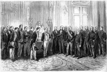 Franska republikens president Adolphe Thiers (1797-1877) tog emot japanska ambassadörer i Elyseepalatset. Gravyr i "" Le Monde Illustré"" nr 821 den 4 januari