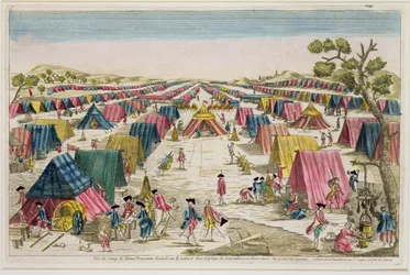 Preussiska armélägret, ritat från livet på fälten i Pommern, graverat av Vale, ca 1750 (handfärgad gravyr)
