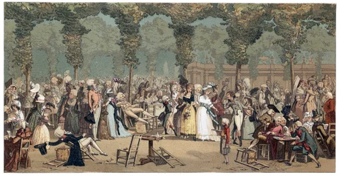 Den offentliga strandpromenaden vid Palais Royal i Paris av Philibert-Louis (Philibert Louis) Debucourt (1755-1832)
