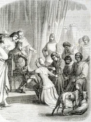 Drottningen av England (Philippa de Hainaut) ber tack till sin man Edward III för invånarna i Calais (avsnitt av den 6 borgerliga Calais)