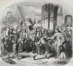 The Return of Gonesse, avsnitt av Fronde: "Lady of Paris" välkomnar "Lady of Aubervilliers" och "Nouricier Gonesse" som kom för att förse henne. Gravyr frondeuse 1649 - gravyr i "Paris a travers les siecles"" av H. Gourdon de Genouillac