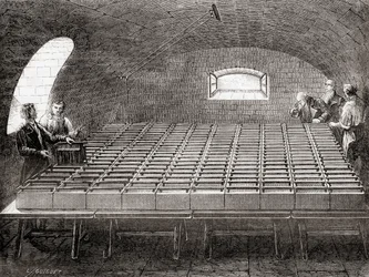 The Royal Institution elektriskt batteri, från Les Merveilles de la Science, pub.1870.