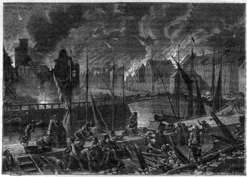 Det andra slaget vid Köpenhamn (eller bombardemanget av Köpenhamn) (16 augusti-5 september 1807) Brittiskt bombardement av Köpenhamn för att sexton dansk-norska flottan, under Napoleonkrigen - Engelska krigen - Slaget om Köpenhamn 1807 o