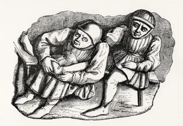 Skomakaren och hans kund, kopierad från ett av Misericordia-stånden i katedralens kör i Rouen, illustration från vetenskap och litteratur under medeltiden och renässansen, skriven och
