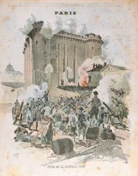 Belägringen och erövringen av Bastiljen den 14 juli 1789, omslagsillustration till en skolbok, ca 1889 (färglitografi)