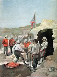 Sirdar Kitchener (1850-1916) kastar Mahdis aska för vinden i Sudan, illustrerad av PH.Ripp, september 1898