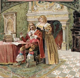 Fadern till Beringhen och Madame du Fargis komplott mot Richelieu (Armand Jean du Plessis, kardinal av Richelieu (1585-1642), Ludvig XIII:s minister, vid slottet Azay-le-Rideau (Azay le Rideau) (Indre-et- Loire). Kromolitografi från slutet av 19:e