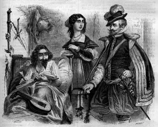 Den spanska författaren Miguel de Cervantes Saavedra (1547-1616) hemma 1614 omger sin fru och greven av Lemos. Gravyr från 1852.