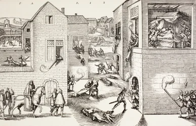Massakern på S:t Bartolomeusdagen, augusti 1572, från "Militärt och religiöst liv i medeltiden" av Paul Lacroix, publicerad i London ca 1880