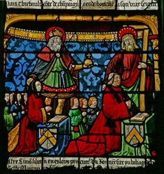 St Louis-fönstret: Donatorerna Henriette de Mauroy & Simon Liboron kan ses med sina skyddshelgon St Henry och Simon av Cyrene